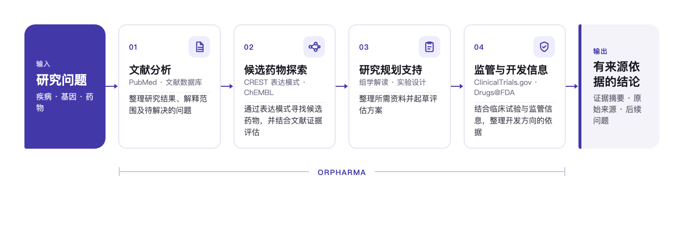研究问题、文献分析、候选药物探索、研究规划支持、监管与开发信息,以及有来源依据的结论。